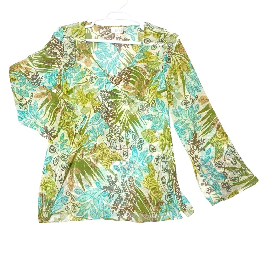 Loft Tropical Hawaiian Floral Top Womens L Green Sheer V Neck Long Sleeve Resort